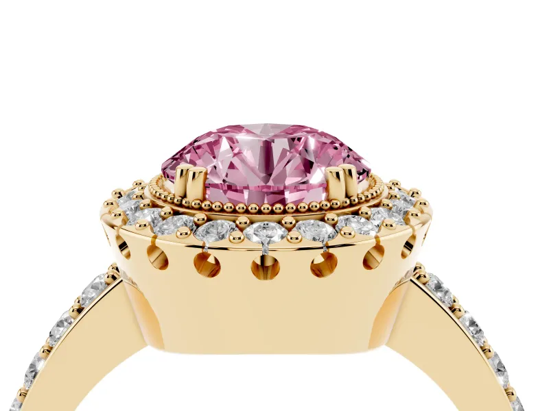 Round Vintage Milgrain Halo Engagement Ring Setting for a Fancy Pink Lab-Grown Diamond | Pierced Gallery | Yellow Gold