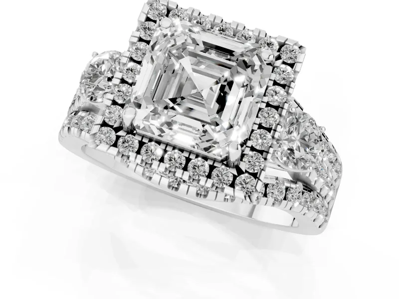 Asscher Cut Halo Split Shank Engagement Ring Setting | Round Side Stones | White Gold
