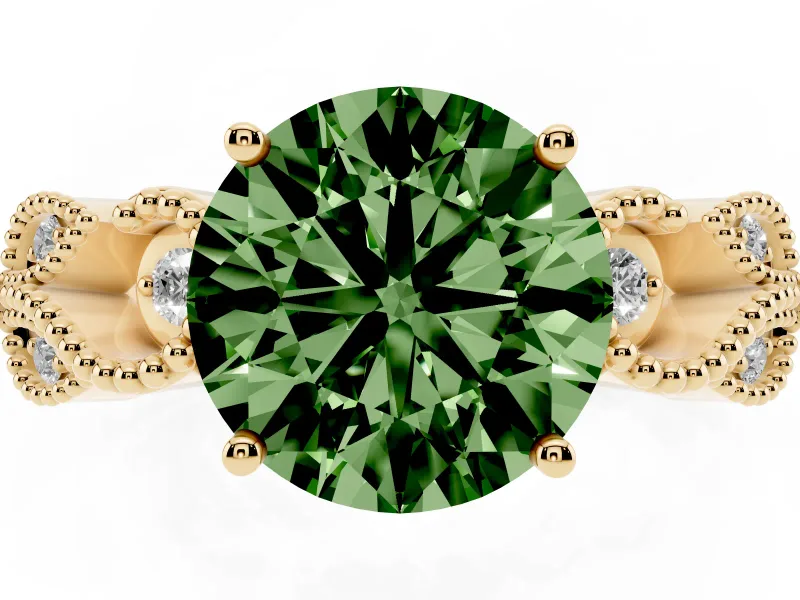 Fancy Green Round Cut Diamond Milgrain Leaf Band Solitaire Ring Set in Yellow gold with Accent Stones and Prong Setting