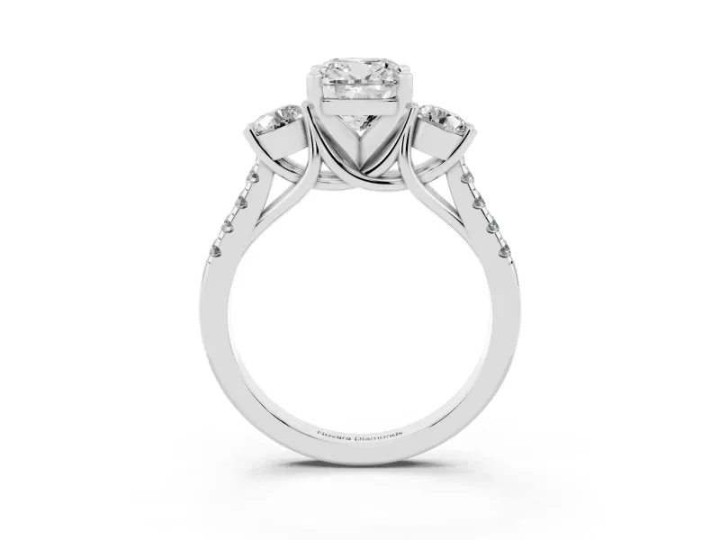 Three-Stone Cushion Cut Diamond Pavé Band Ring Set in White gold with Prong-Set Trio
