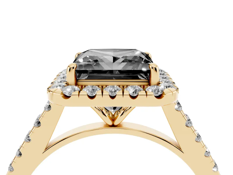 Princess Cut Halo Engagement Ring Setting for a Black Center | Pavé Shoulders | Yellow Gold