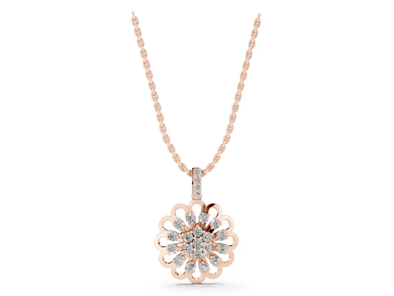 Round Lab-Grown Diamond Floral Cluster Pendant Necklace | Open Petal Frame | Rose Gold