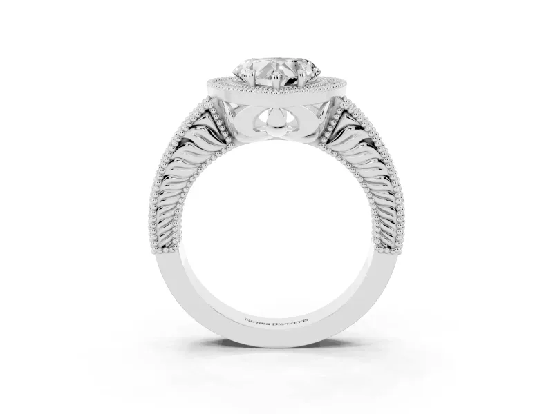 Heart-Shaped Vintage Milgrain Halo Engagement Ring Setting | Carved Leaf Detail | White Gold