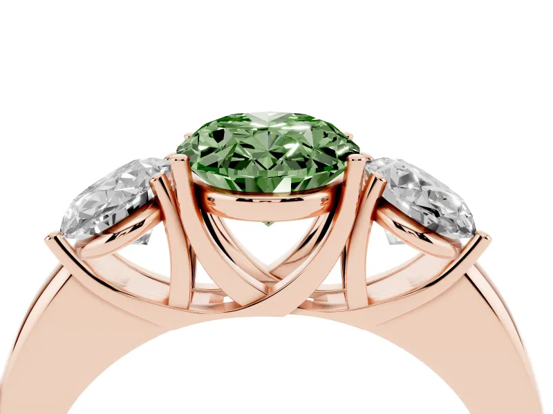 Oval Three Stone Engagement Ring Setting for a Fancy Green Lab-Grown Diamond | Matching Side Stones | Rose Gold