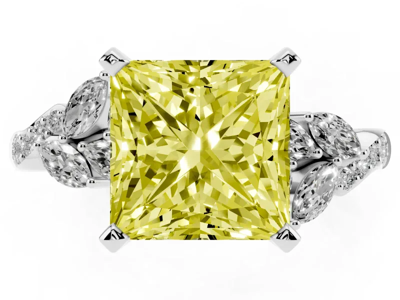 Fancy Yellow Princess Cut Diamond Solitaire Ring Set in White gold with Marquise Twist Band and Prong Setting