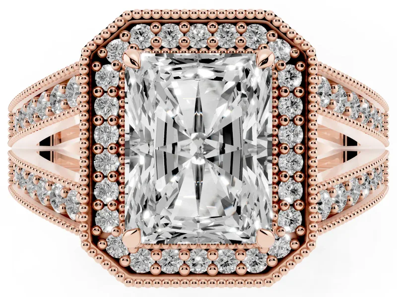 Radiant Cut Vintage Milgrain Halo Engagement Ring Setting | Pave Split Shank | Rose Gold