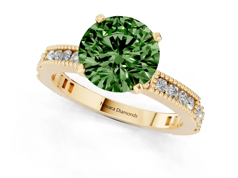 Round Vintage Pavé Engagement Ring Setting for a Fancy Green Lab-Grown Diamond | Yellow Gold