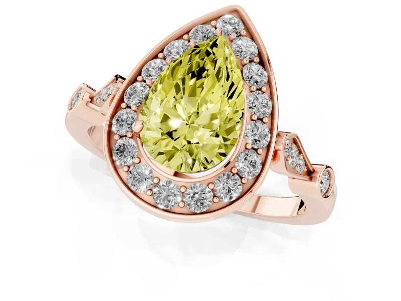Fancy Yellow Pear Cut Diamond Halo Engagement Ring Set in Rose gold with Twisted Band and Prong Setting