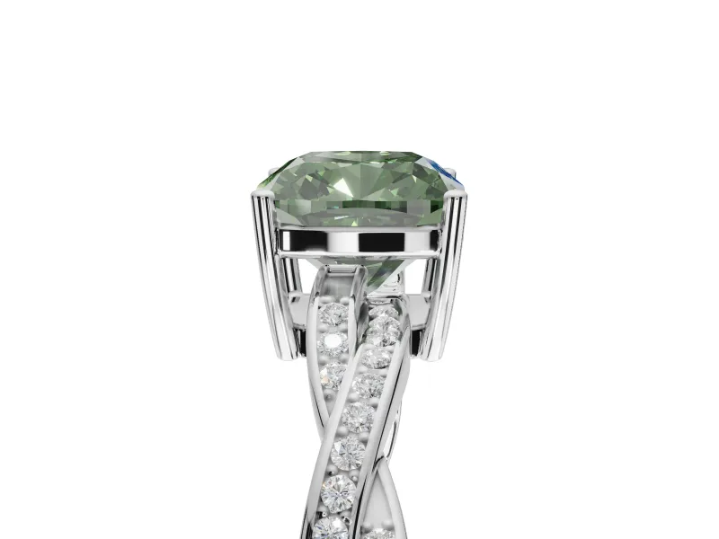 Cushion Cut Twisted Pavé Solitaire Engagement Ring Setting for a Fancy Green Lab-Grown Diamond | Open Basket | Platinum