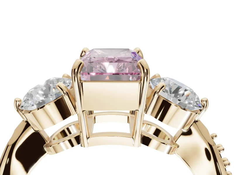 Radiant Cut Three Stone Engagement Ring Setting for a Fancy Pink Lab-Grown Diamond | Tapered Pave Band | Yellow Gold
