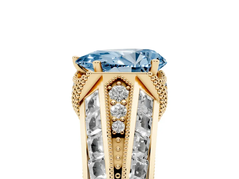 Fancy Blue Pear Cut Diamond Vintage-Inspired Milgrain Ring Set in Yellow gold with Accent Split Shank