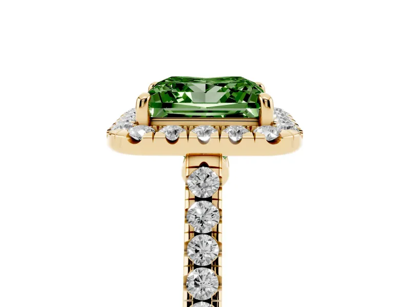 Princess Cut Halo Engagement Ring Setting for a Fancy Green Lab-Grown Diamond | Pave Shoulders | Yellow Gold