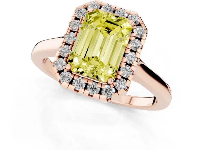 Fancy Yellow Emerald Cut Halo Round Diamond Solitaire Ring Set in Rose gold with Pavé Band and Prong Setting