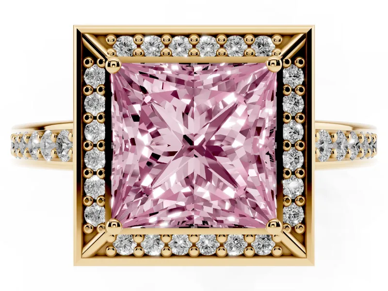 Princess Cut Sectioned Halo Engagement Ring Setting for a Fancy Pink Lab-Grown Diamond | Yellow Gold