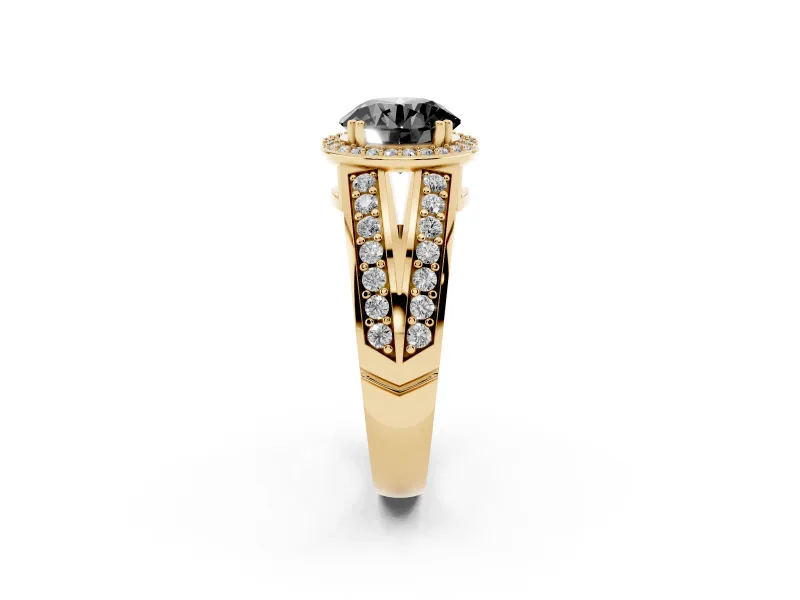 Round Halo Engagement Ring Setting for a Black Center | Two-Row Pavé Split Shank | Yellow Gold