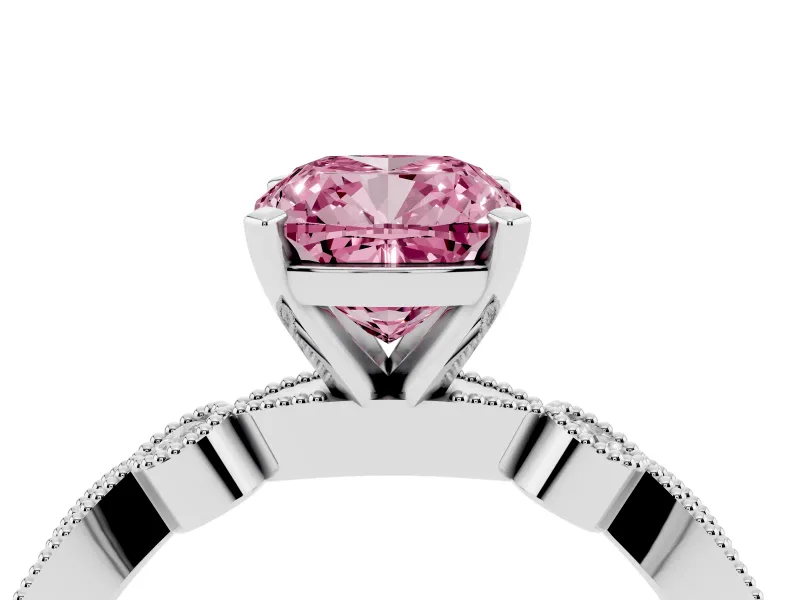 Fancy Pink Cushion Cut Diamond Solitaire Engagement Ring Set in Silver with Milgrain Bezel Accent Band
