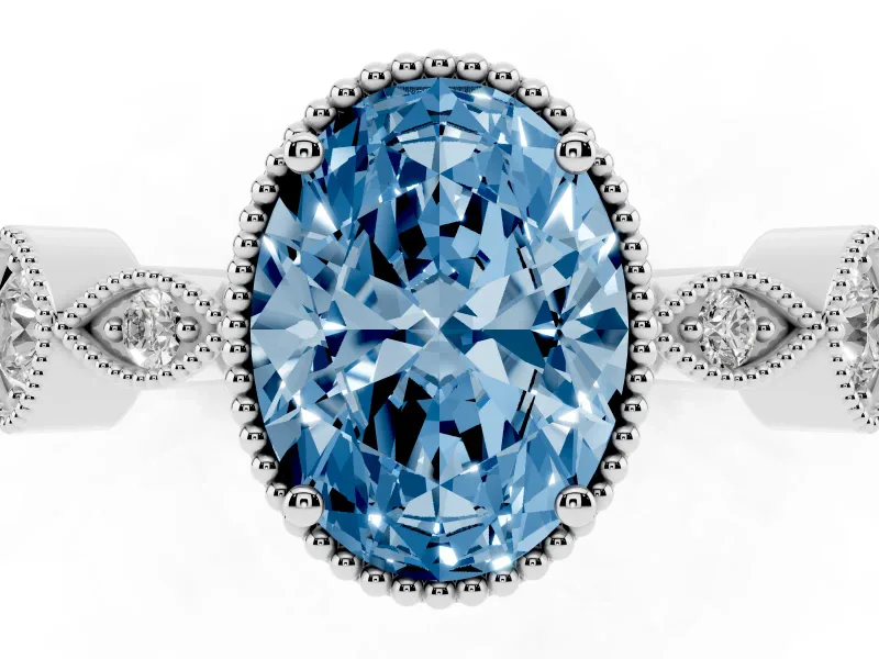 Fancy Blue Oval Cut Diamond Vintage-Inspired Milgrain Ring Set in Platinum with Marquise Stations of Round Accents