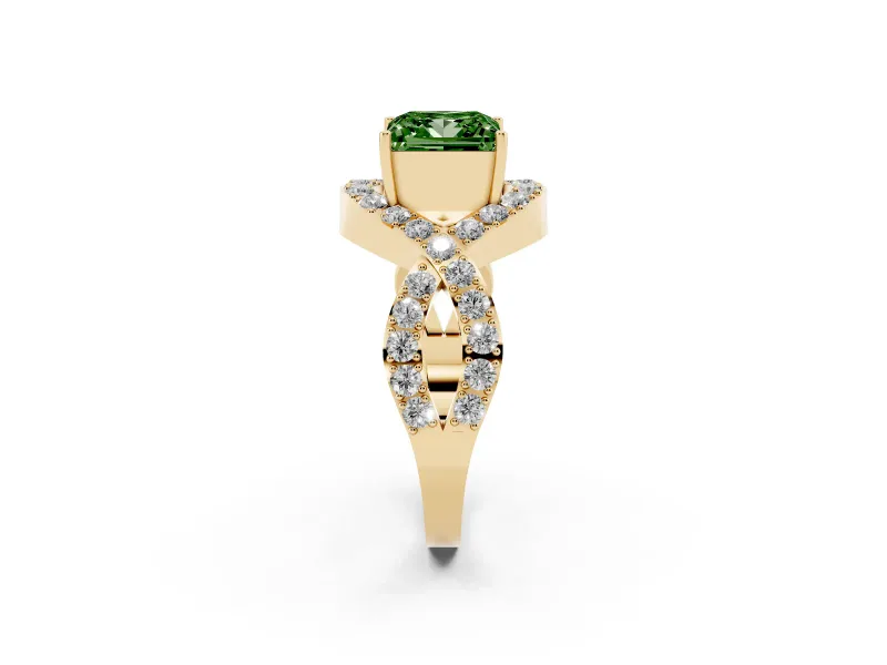 Fancy Green Princess Cut Diamond Solitaire Twist Band Pavé Engagement Ring Set in Yellow gold