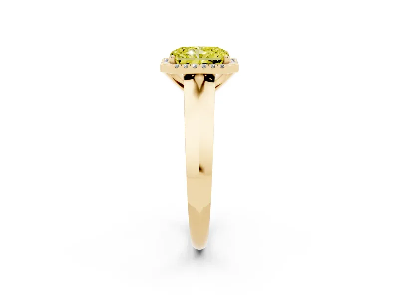 Fancy Yellow Radiant Cut Diamond Halo Ring Set in Yellow gold with Cathedral Band and Prong Setting