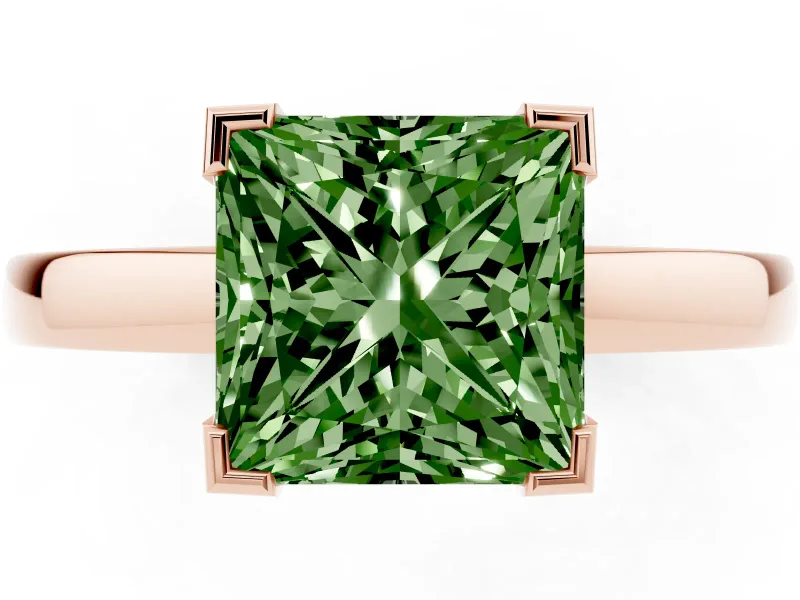 Fancy Green Princess Cut Diamond Solitaire Ring Set in Rose gold with Prong Head and Smooth Polished Band