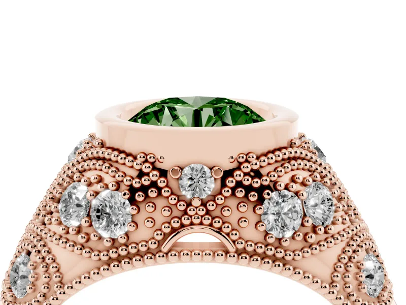 Fancy Green Round Cut Diamond Bezel Ring Set in Rose gold with Milgrain Accent Band