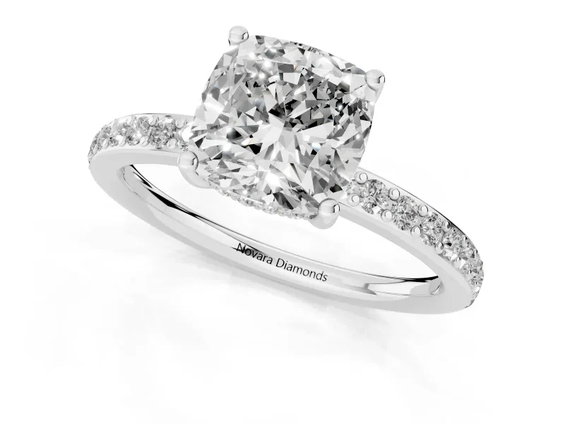 Cushion Cut Diamond Pavé Band Ring Set in Silver with Prong-Set Center Stone