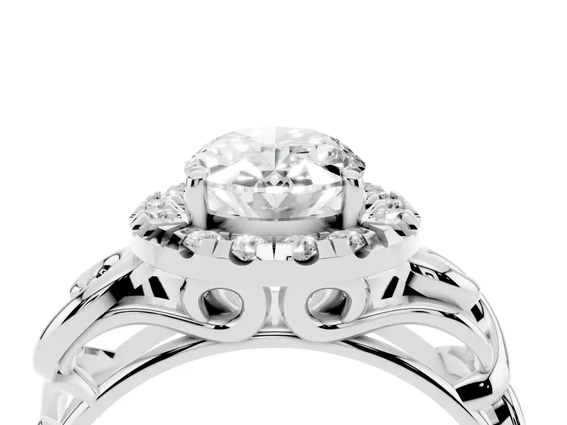 Oval Cut Diamond Halo Ring Set in White gold with Scrollwork Band and Prong Setting