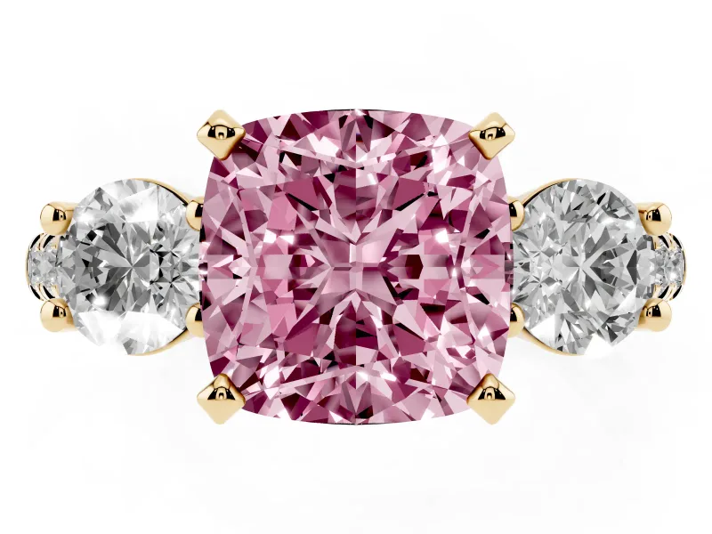Fancy Pink Three-Stone Cushion Cut Diamond Pavé Band Ring Set in Yellow gold with Prong-Set Trio