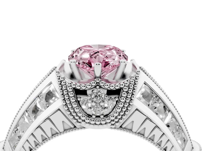 Fancy Pink Pear Cut Diamond Vintage-Inspired Milgrain Ring Set in White gold with Accent Split Shank