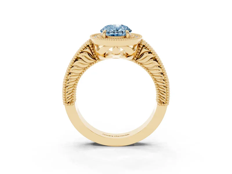 Fancy Blue Oval Cut Diamond Halo Ring Set in Yellow gold with Round Accent Halo, Pavé Band and Prong Setting