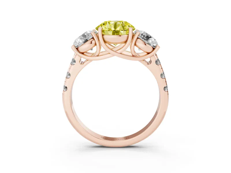Round Three Stone Engagement Ring Setting for a Fancy Yellow Lab-Grown Diamond | Accented Shoulders | Rose Gold