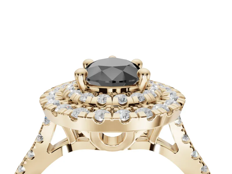 Pear-Shaped Double Halo Engagement Ring Setting for a Black Center | Pavé Shoulders | Yellow Gold