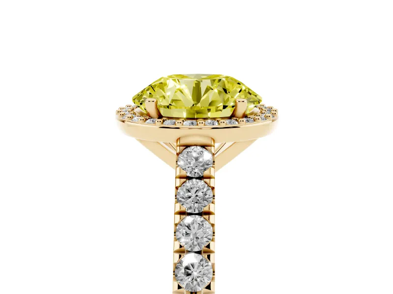 Fancy Yellow Round Cut Diamond Halo Engagement Ring Set in Yellow gold with Pavé Band and Prong Setting