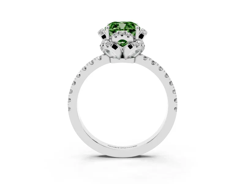 Fancy Green Cushion Cut Diamond Halo Pavé Band Ring Set in Platinum with Prong-Held Center