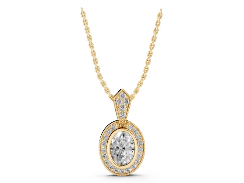 Oval Lab-Grown Diamond Bezel Pavé Halo Pendant Necklace | Milgrain Kite Bail | Yellow Gold