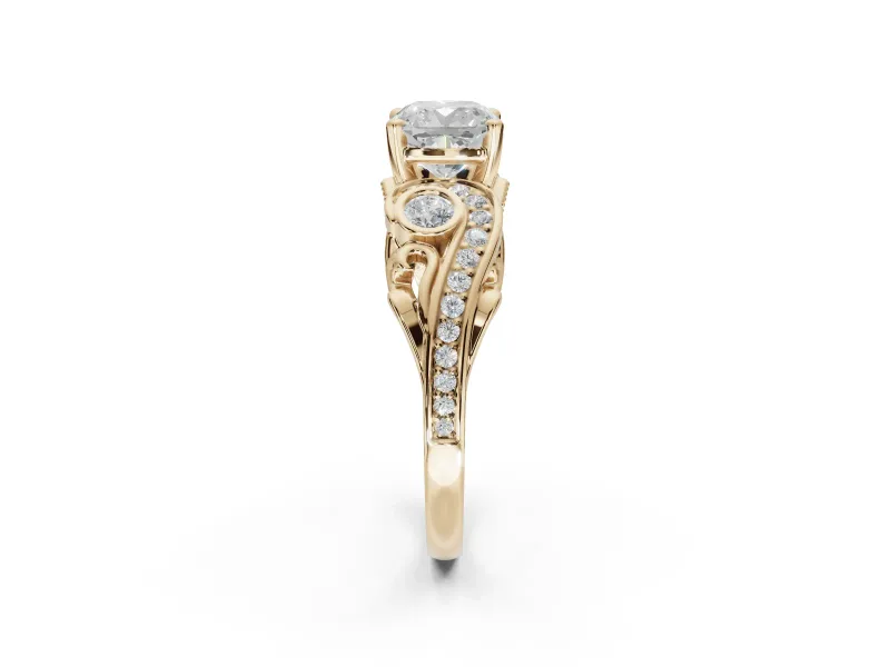 Cushion Cut Vintage Swirl Engagement Ring Setting | Bezel Side Accents | Yellow Gold