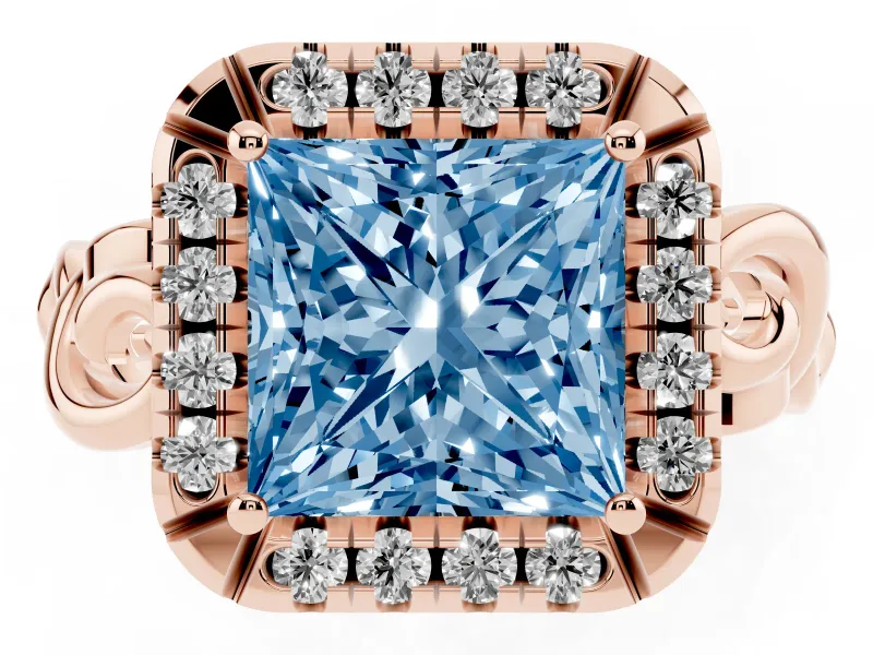 Princess Cut Filigree Halo Engagement Ring Setting for a Fancy Blue Lab-Grown Diamond | Rose Gold