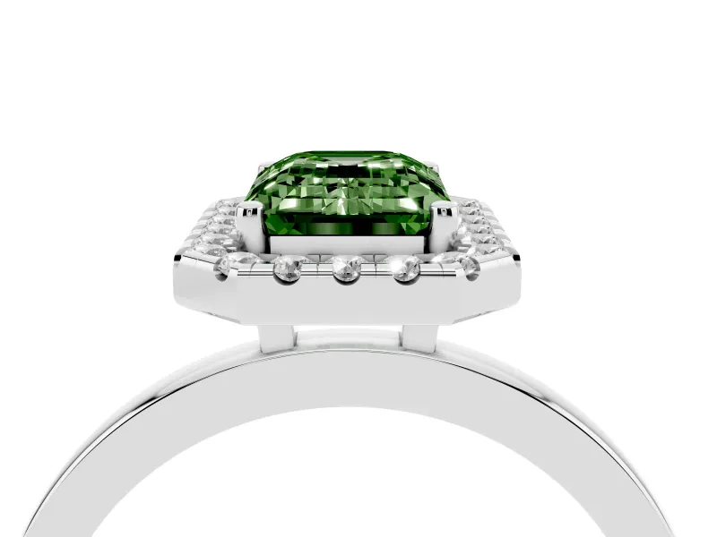 Fancy Green Emerald Cut Diamond Halo Solitaire Ring Set in White gold with Pavé Band and Prong Setting