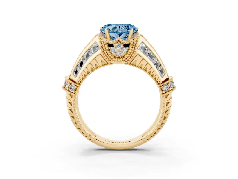 Fancy Blue Heart Cut Diamond Vintage-Inspired Milgrain Ring Set in Yellow gold with Accent Split Shank