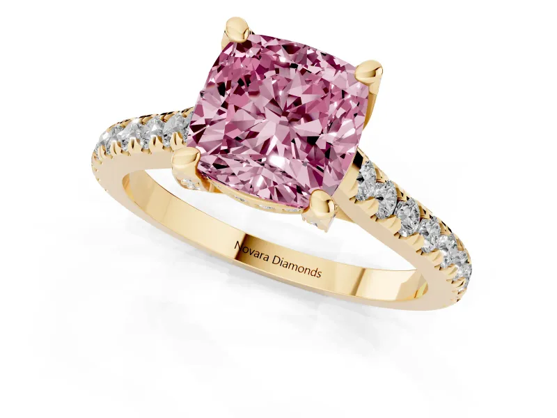 Cushion Cut Hidden Halo Pave Engagement Ring Setting for a Fancy Pink Lab-Grown Diamond | Claw Prongs | Yellow Gold