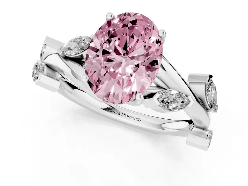 Fancy Pink Oval Cut Diamond Solitaire Ring Set in Platinum with Twisted Marquise Accent Band
