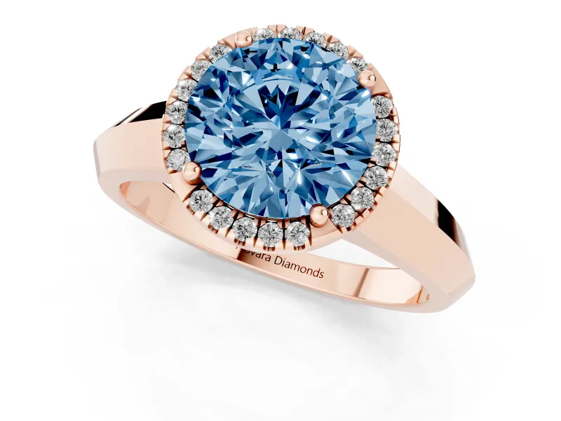 Fancy Blue Round Cut Diamond Halo Ring Set in Rose gold with Cathedral Band and Prong Setting
