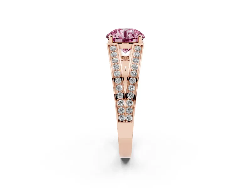 Fancy Pink Round Cut Diamond Split Shank Ring Set in Rose gold with Pavé Band and Prong Setting
