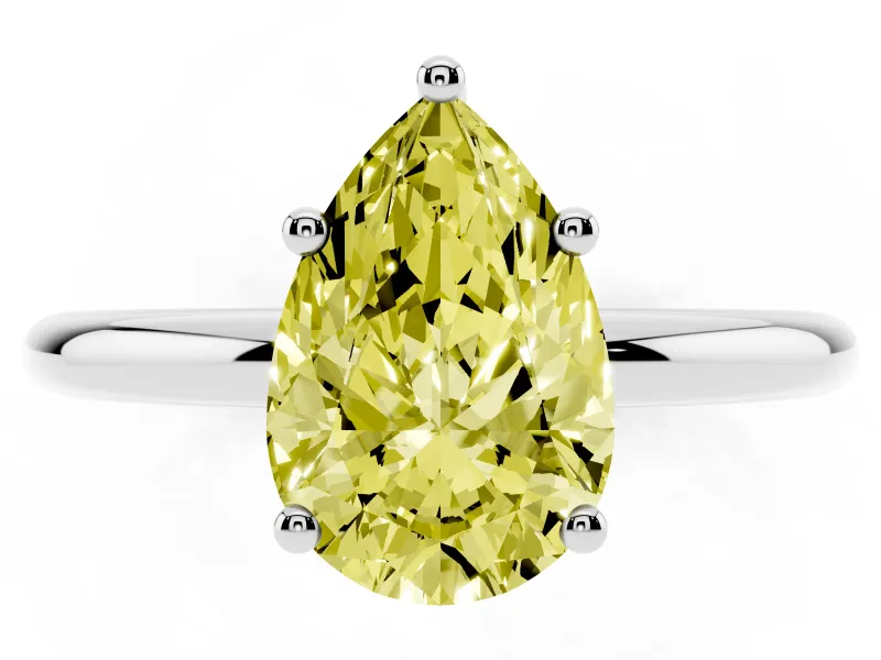 Fancy Yellow Pear Cut Diamond Solitaire Engagement Ring Set in Silver with Prong Setting and Polished Band