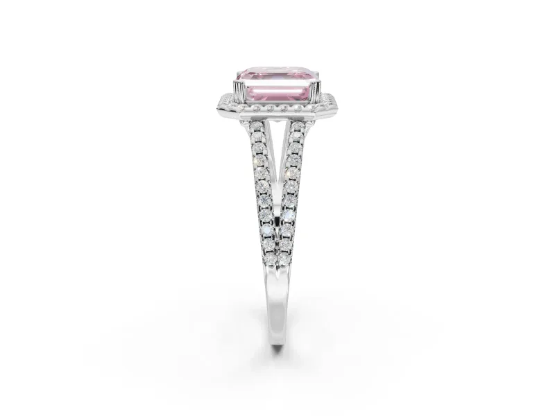 Asscher Cut Halo Split Shank Engagement Ring Setting for a Fancy Pink Lab-Grown Diamond | Pavé Shoulders | Platinum