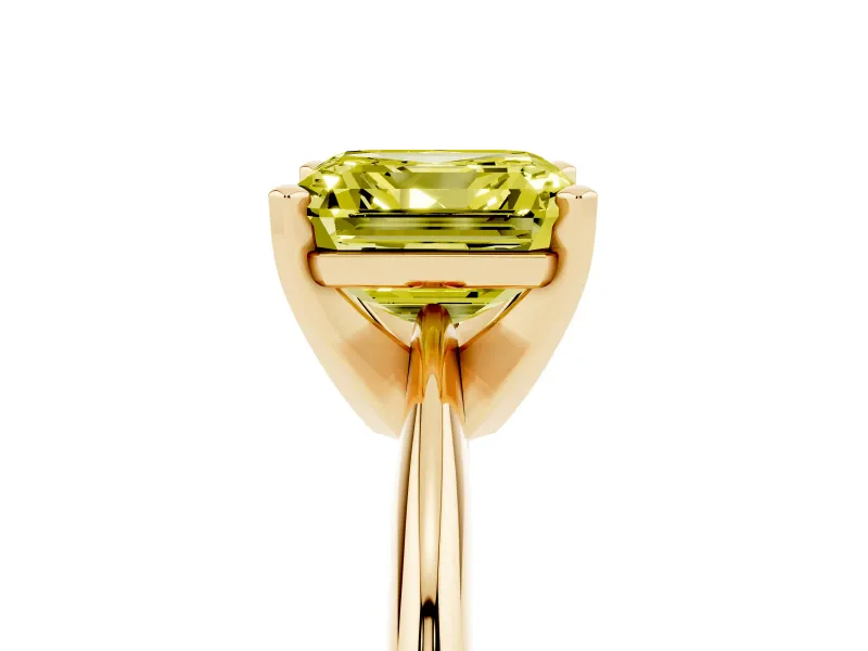 Fancy Yellow Asscher Cut Diamond Solitaire Ring Set in Yellow gold with Prong Setting on a Plain Round Band