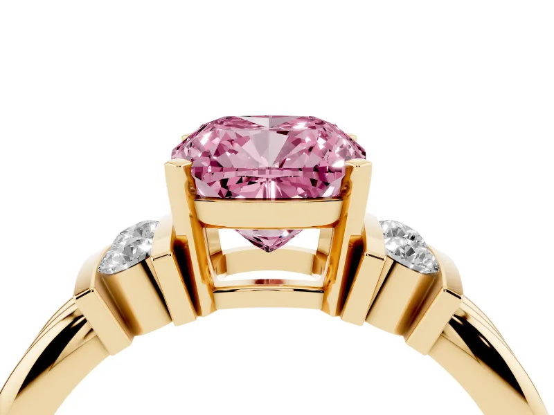 Fancy Pink Three-Stone Cushion Cut Diamond Channel Set Ring Set in Yellow gold with Bar Prongs