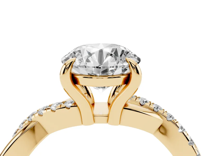 Round Cut Diamond Twist Band Solitaire Set in Yellow gold with Pavé Accents and Prong Setting