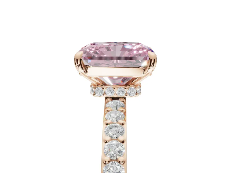 Radiant Cut Hidden Halo Engagement Ring Setting for a Fancy Pink Lab-Grown Diamond | Pavé Band | Rose Gold