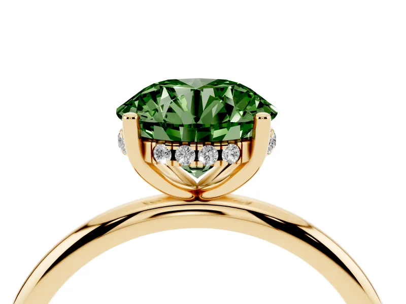 Fancy Green Round Cut Diamond Solitaire Engagement Ring Set in Yellow gold with Prong Setting and Polished Band